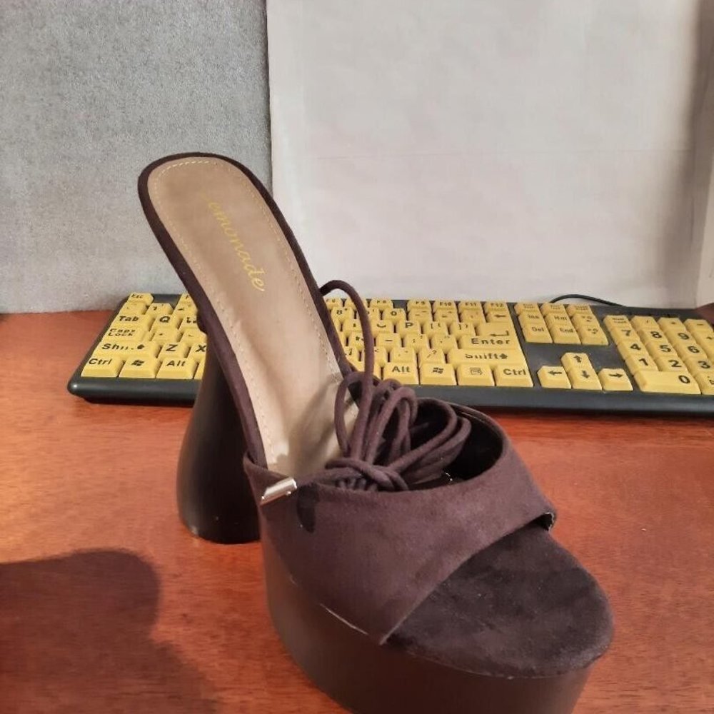 Lemonade Women Lace Up Platform Chunky High Heel Open Toe Brown Suede Size10 New
